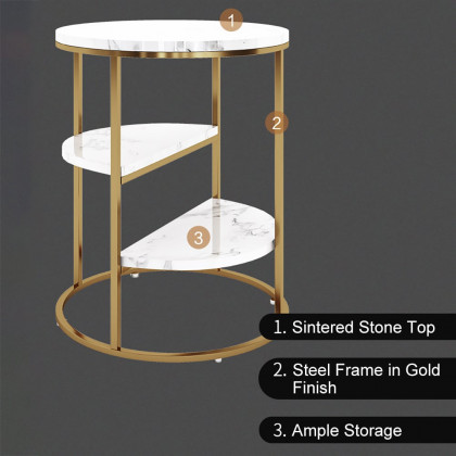 HMR - 3-Tiered End Table with Shelf Marble Top and Metal Frame in White and Gold