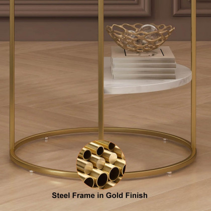 HMR - 3-Tiered End Table with Shelf Marble Top and Metal Frame in White and Gold