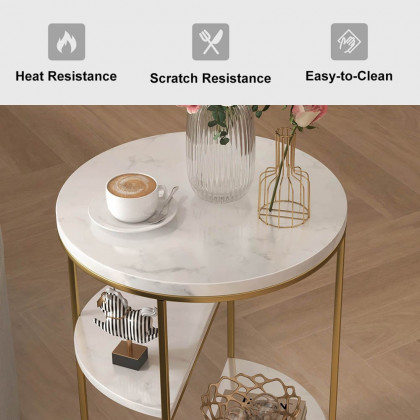 HMR - 3-Tiered End Table with Shelf Marble Top and Metal Frame in White and Gold