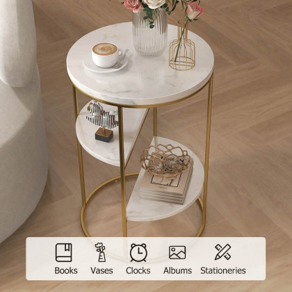 HMR - 3-Tiered End Table with Shelf Marble Top and Metal Frame in White and Gold