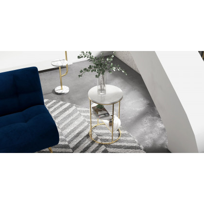 HMR - 3-Tiered End Table with Shelf Marble Top and Metal Frame in White and Gold