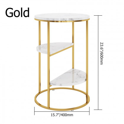 HMR - 3-Tiered End Table with Shelf Marble Top and Metal Frame in White and Gold
