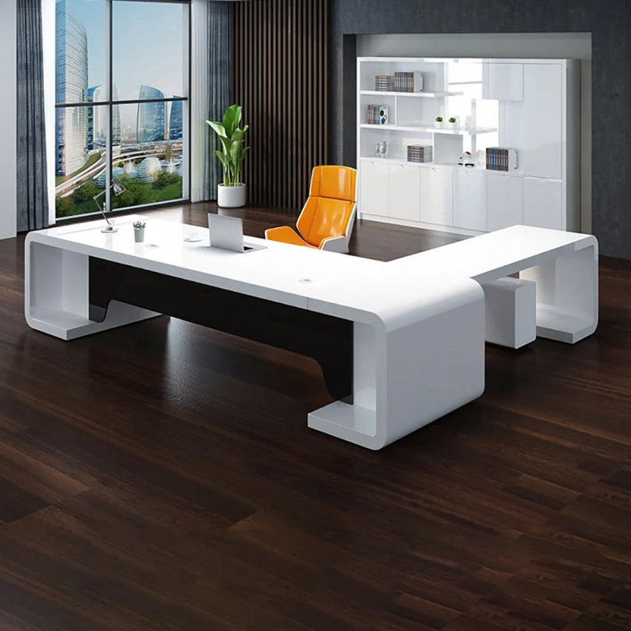 HMR L-Shaped Modern Executive Desk with Drawers - White/Black, Left Hand, 78.7"