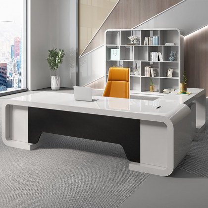 HMR L-Shaped Modern Executive Desk with Drawers - White/Black, Left Hand, 78.7"