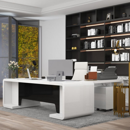 HMR L-Shaped Modern Executive Desk with Drawers - White/Black, Left Hand, 78.7"