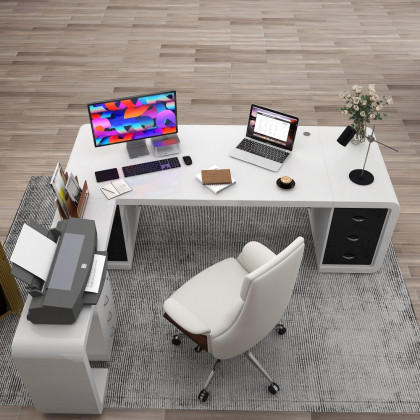 HMR L-Shaped Modern Executive Desk with Drawers - White/Black, Left Hand, 78.7"