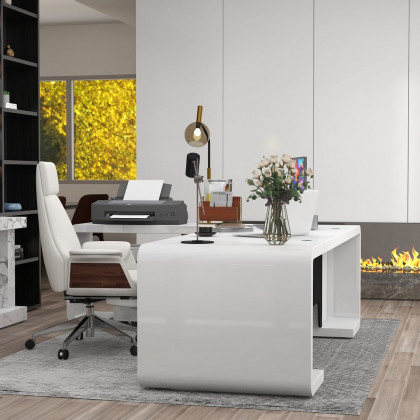 HMR L-Shaped Modern Executive Desk with Drawers - White/Black, Left Hand, 78.7"