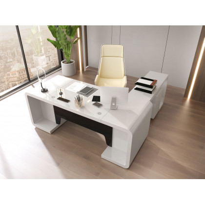 HMR L-Shaped Modern Executive Desk with Drawers - White/Black, Left Hand, 78.7"