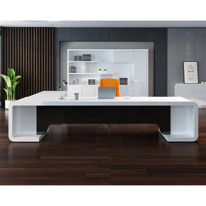 HMR L-Shaped Modern Executive Desk with Drawers - White/Black, Right Hand, 86.6"