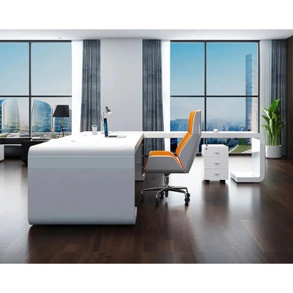 HMR L-Shaped Modern Executive Desk with Drawers - White/Black, Right Hand, 86.6"