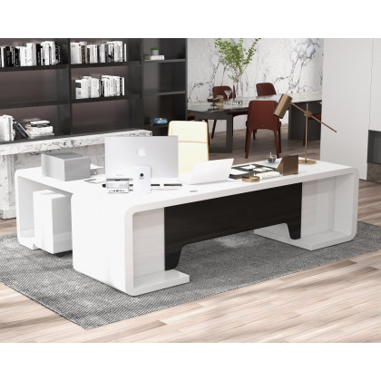 HMR L-Shaped Modern Executive Desk with Drawers - White/Black, Right Hand, 86.6"