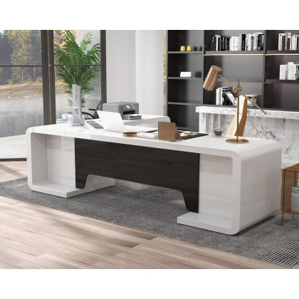 HMR L-Shaped Modern Executive Desk with Drawers - White/Black, Right Hand, 86.6"