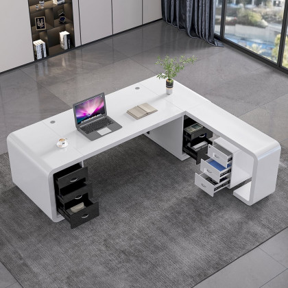 HMR L-Shaped Modern Executive Desk with Drawers - White/Black, Right Hand, 86.6"