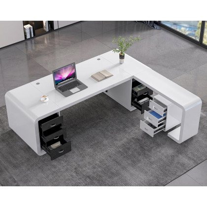 HMR L-Shaped Modern Executive Desk with Drawers - White/Black, Right Hand, 86.6"