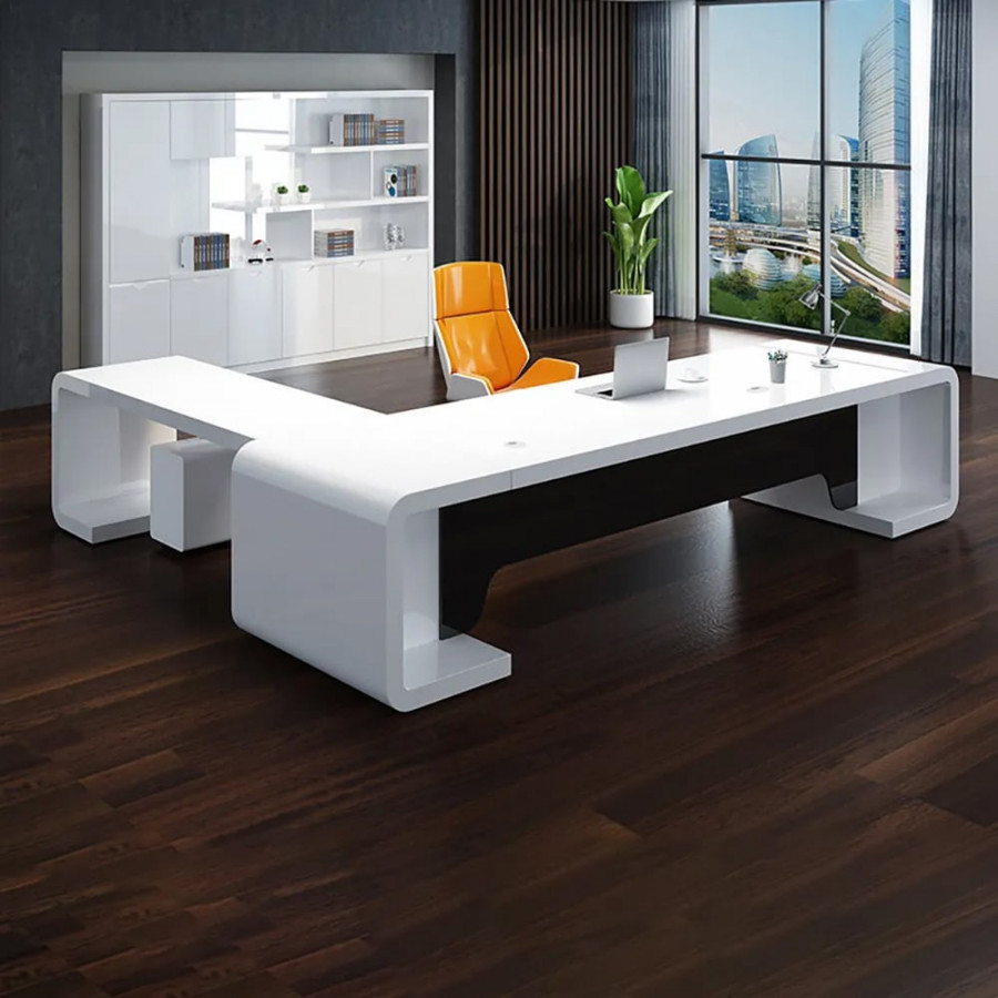 HMR L-Shaped Modern Executive Desk with Drawers - White/Black, Right Hand, 78.7"