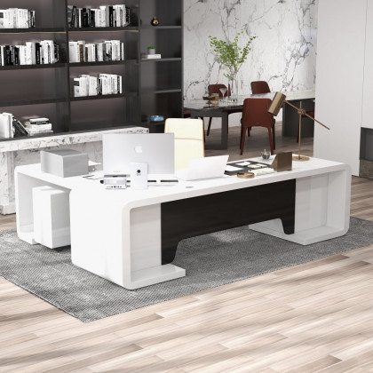 HMR L-Shaped Modern Executive Desk with Drawers - White/Black, Right Hand, 78.7"