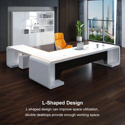 HMR L-Shaped Modern Executive Desk with Drawers - White/Black, Right Hand, 78.7"