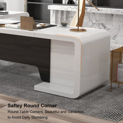 HMR L-Shaped Modern Executive Desk with Drawers - White/Black, Right Hand, 78.7"