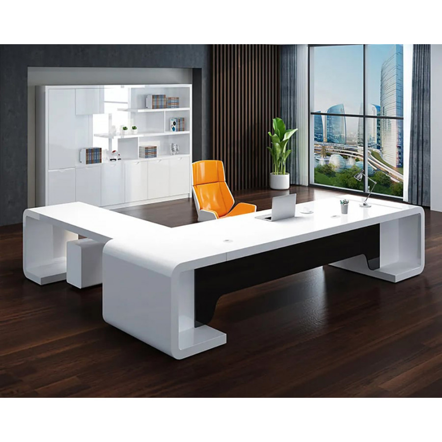 HMR L-Shaped Modern Executive Desk with Drawers - White/Black, Right Hand, 94.5"