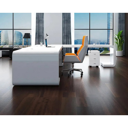 HMR L-Shaped Modern Executive Desk with Drawers - White/Black, Right Hand, 94.5"