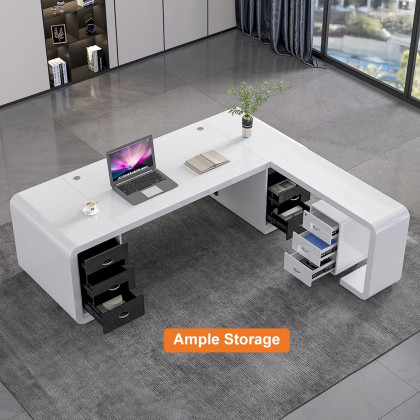 HMR L-Shaped Modern Executive Desk with Drawers - White/Black, Right Hand, 94.5"