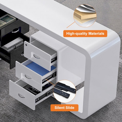 HMR L-Shaped Modern Executive Desk with Drawers - White/Black, Right Hand, 94.5"