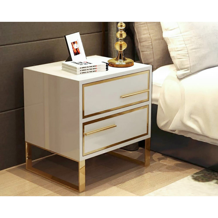 HMR - Lacquered 2-Drawer Nightstand with Golden Stainless Steel Legs in White