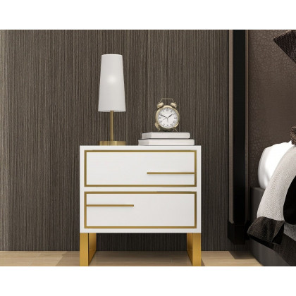 HMR - Lacquered 2-Drawer Nightstand with Golden Stainless Steel Legs in White