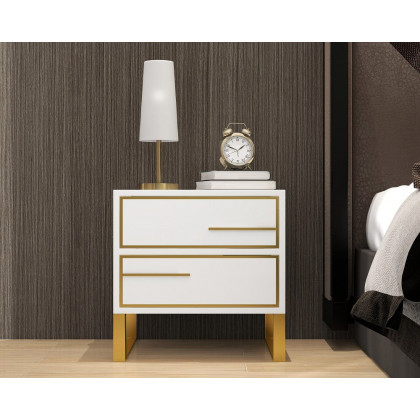 HMR - Lacquered 2-Drawer Nightstand with Golden Stainless Steel Legs in White