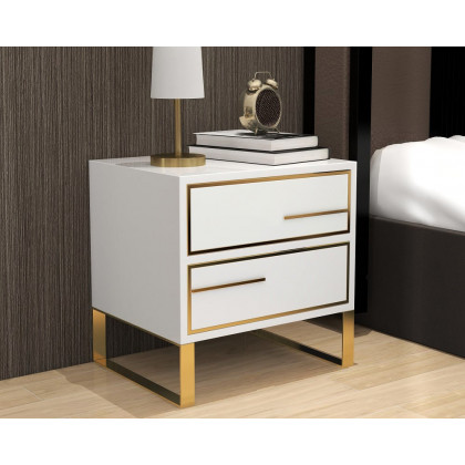 HMR - Lacquered 2-Drawer Nightstand with Golden Stainless Steel Legs in White