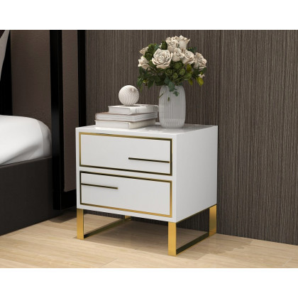 HMR - Lacquered 2-Drawer Nightstand with Golden Stainless Steel Legs in White