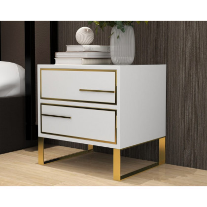 HMR - Lacquered 2-Drawer Nightstand with Golden Stainless Steel Legs in White