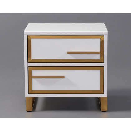 HMR - Lacquered 2-Drawer Nightstand with Golden Stainless Steel Legs in White