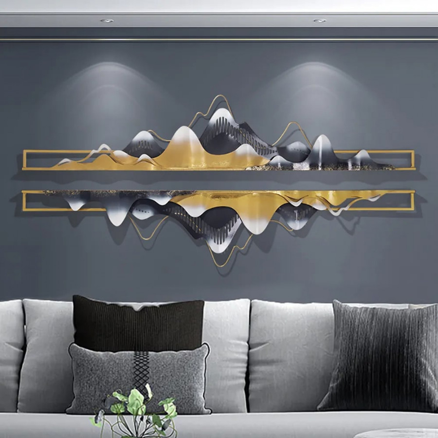 HMR - 2-Pieces Modern Mountain Novelty Metal Wall Decor Nature Art in Gold & Black