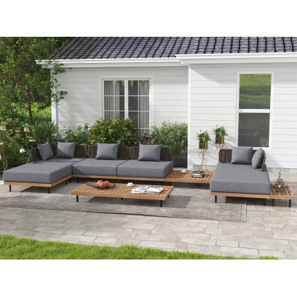 HMR - Teak Modular Outdoor & Patio Sectional Sofa Set with Coffee Table and Cushion (8-Pieces)