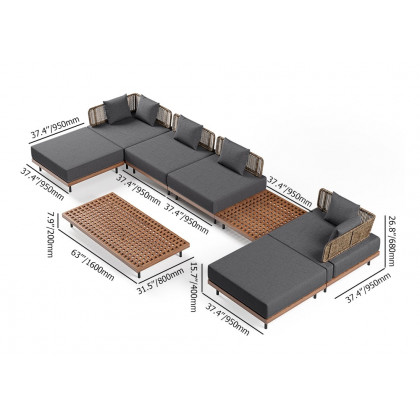 HMR - Teak Modular Outdoor & Patio Sectional Sofa Set with Coffee Table and Cushion (8-Pieces)