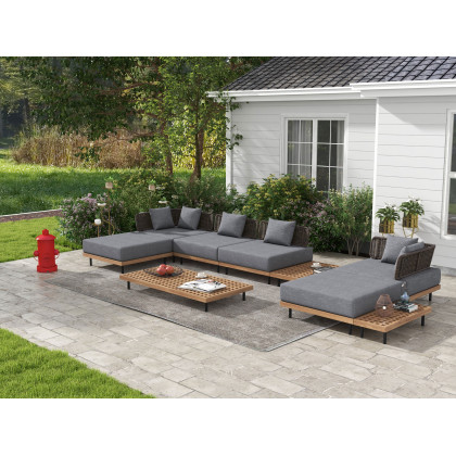 HMR - 37.4" Wide Modern Aluminum & Rattan Outdoor Sofa with Cushion in Gray & Brown