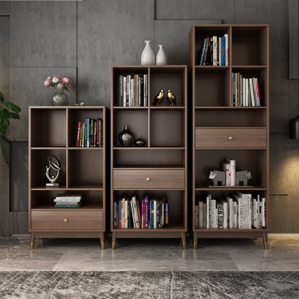 HMR Ultic Modern Walnut Bookshelf Bookcase with Metal Frame and Drawer - 78"