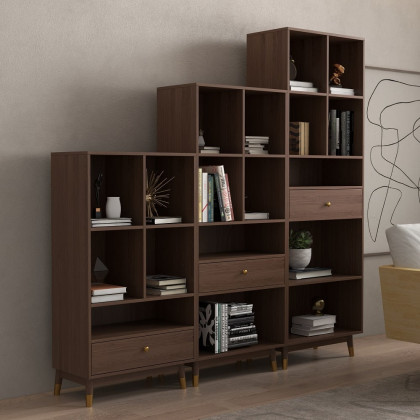 HMR Ultic Modern Walnut Bookshelf Bookcase with Metal Frame and Drawer - 78"
