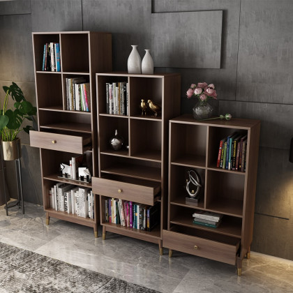 HMR Ultic Modern Walnut Bookshelf Bookcase with Metal Frame and Drawer - 78"