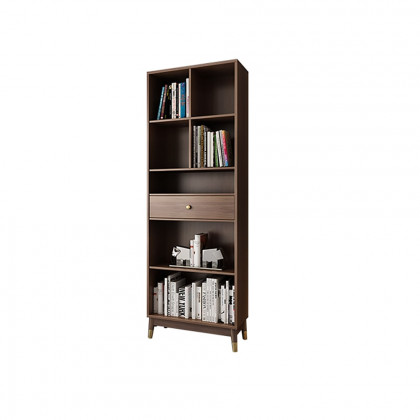 HMR Ultic Modern Walnut Bookshelf Bookcase with Metal Frame and Drawer - 78"