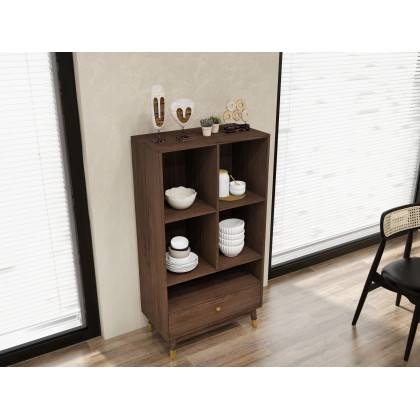 HMR Ultic Modern Walnut Bookshelf Bookcase with Metal Frame and Drawer - 78"