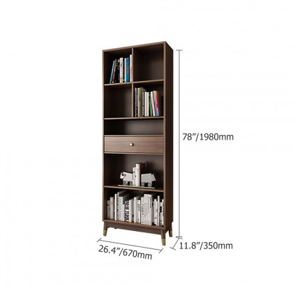 HMR Ultic Modern Walnut Bookshelf Bookcase with Metal Frame and Drawer - 78"