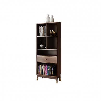 HMR Ultic Modern Walnut Bookshelf Bookcase with Metal Frame and Drawer - 63.8"