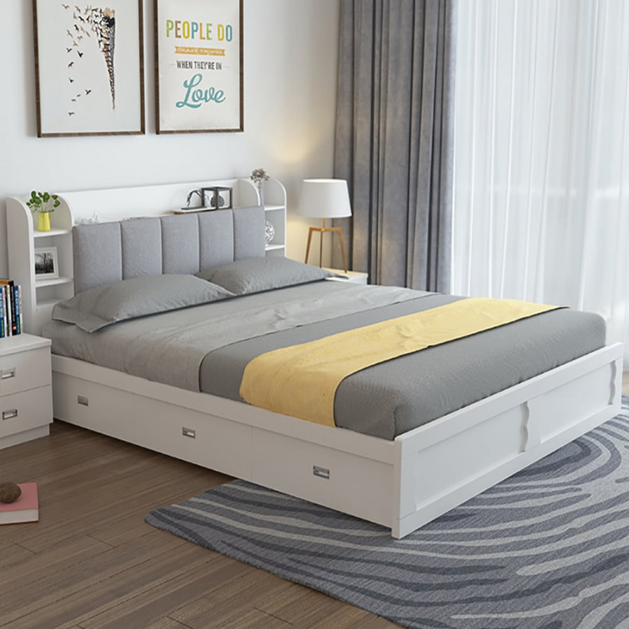HMR - Modern White Storage Queen Bed Low Profile Queen Bed with 3 Drawers