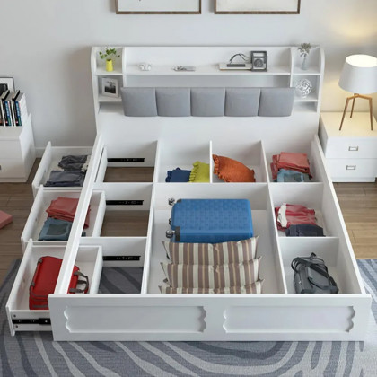 HMR - Modern White Storage Queen Bed Low Profile Queen Bed with 3 Drawers