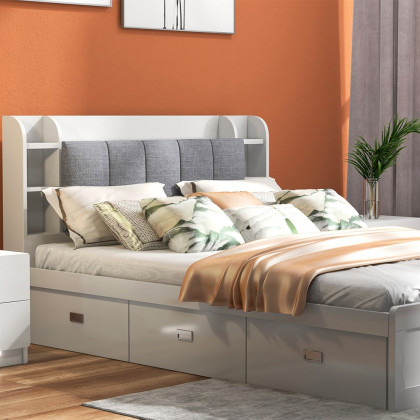 HMR - Modern White Storage Queen Bed Low Profile Queen Bed with 3 Drawers