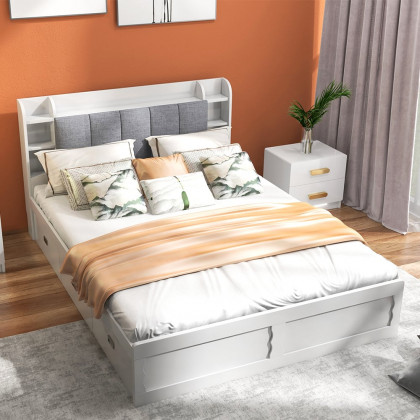 HMR - Modern White Storage Queen Bed Low Profile Queen Bed with 3 Drawers