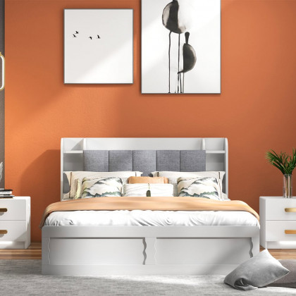 HMR - Modern White Storage Queen Bed Low Profile Queen Bed with 3 Drawers