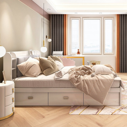 HMR - Modern White Storage Queen Bed Low Profile Queen Bed with 3 Drawers